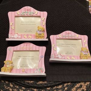Set of three (3) mini baby picture frames celebrating 1st steps, birthday, smile